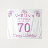 ピンクのハスの花の水彩 70歳の誕生日 背景 タペストリー (正面(横))