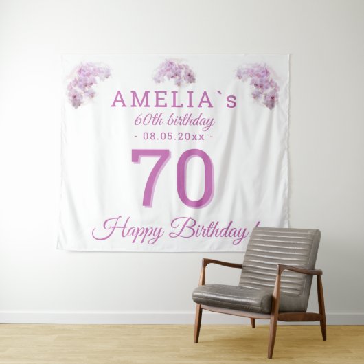 ピンクのハスの花の水彩 70歳の誕生日 背景 タペストリー (インサイチュ(横))