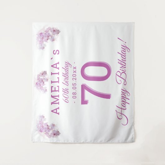 ピンクのハスの花の水彩 70歳の誕生日 背景 タペストリー (正面)