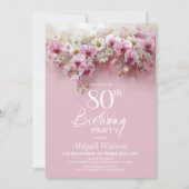 ピンクのハスの花の80歳の誕生日パーティー 招待状 (正面)