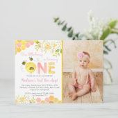 ピンクのハチの1歳の誕生日パーティー招待状 招待状 (スタンド正面)