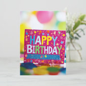 ピンクのハッピーバースデーサインと星の誕生日パーティー 招待状 (スタンド正面)