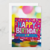 ピンクのハッピーバースデーサインと星の誕生日パーティー 招待状 (正面/裏面)