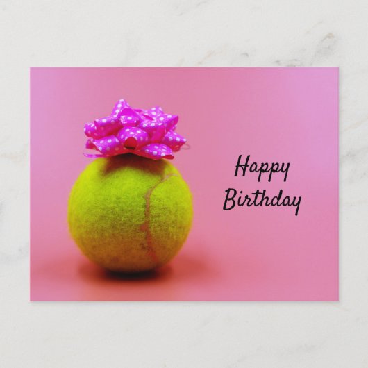ピンクのハッピーバースデーワード付きテニスボール ポストカード (正面)