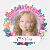 ピンクのハッピーバースデー、花とハートcustomizab ラウンドシール (正面)