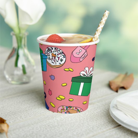 ピンクのハヌカー模様 紙コップ (インサイチュ)