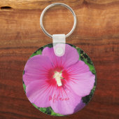 ピンクのハマナス 水滴が花弁についた名前 キーホルダー (正面)