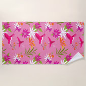 ピンクのハミングバードと花熱帯鳥 ビーチタオル (正面)