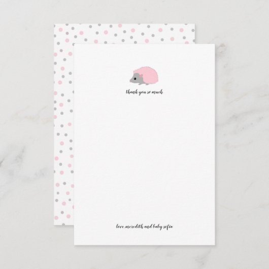 ピンクのハリネズミの森林動物のサンキューカード 出欠カード (正面/裏面)
