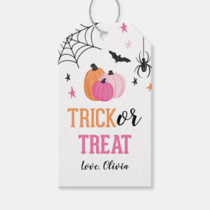 ピンクのハロウィンお菓子もらいに来てパンプキンとクモ ギフトタグ