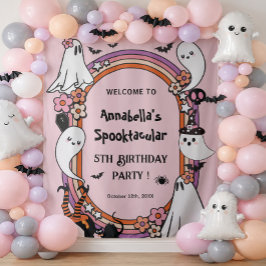 ピンクのハロウィンお誕生日会キッズバナーウェルカム タペストリー