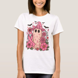 ピンクのハロウィンガイコツ 乳がん啓発デザイン Tシャツ
