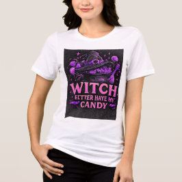 ピンクのハロウィングラフィック「ウィッチ・ベター・ハブ・マイ・キャンディ」 トライブレンドTシャツ