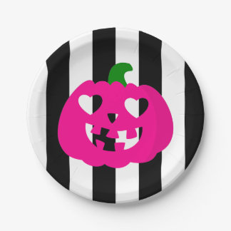 ピンクのハロウィンハート型パンプキンストライプ ペーパープレート
