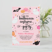 ピンクのハロウィンパーティー かわいいお化けの女の子の誕生日 招待状 (スタンド正面)