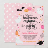 ピンクのハロウィンパーティー かわいいお化けの女の子の誕生日 招待状 (正面/裏面)