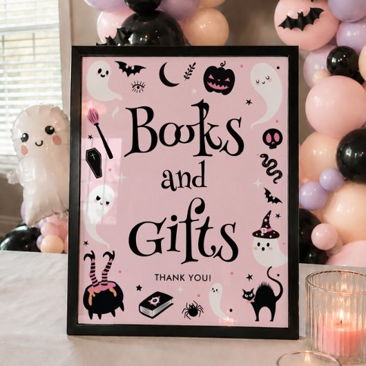 ピンクのハロウィンベイビーシャワーの本とギフト ポスター