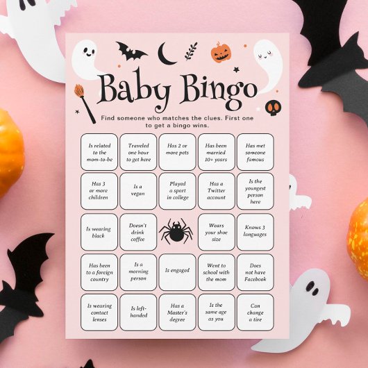 ピンクのハロウィンベイビーシャワービンゴゲームカード 招待状