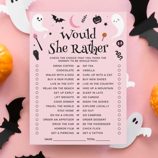 ピンクのハロウィンベイビーシャワー「どちらがいい？」カード 招待状