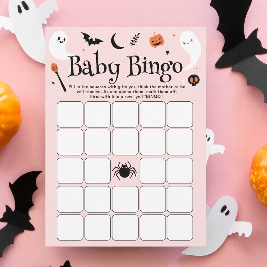 ピンクのハロウィンベビーシャワーの女の子のビンゴゲームカード 招待状