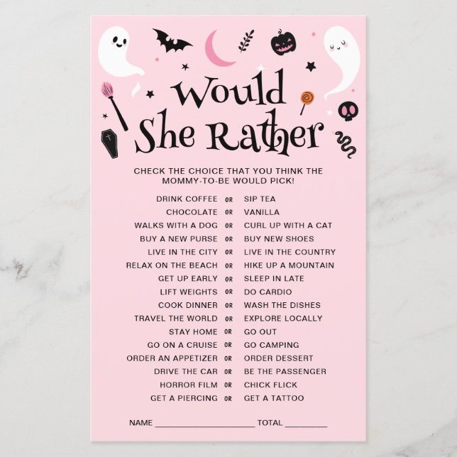 ピンクのハロウィンベビーシャワーの彼女はどちらが好きゲーム (正面)