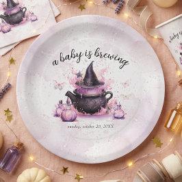ピンクのハロウィンベビーシャワー "A Baby Is Brewing" ペーパープレート