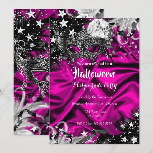 ピンクのハロウィンマジカルナイトマスカレードパーティー 招待状 (正面/裏面)