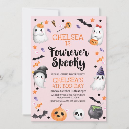 ピンクのハロウィン不気味フーリバー4歳の誕生日 招待状 (正面)
