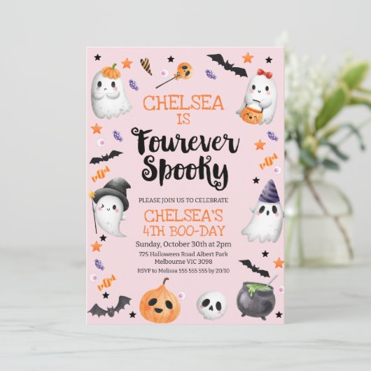 ピンクのハロウィン不気味フーリバー4歳の誕生日 招待状 (スタンド正面)