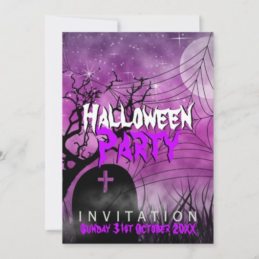 ピンクのハロウィン月+クモの巣の招待状 招待状 (正面)