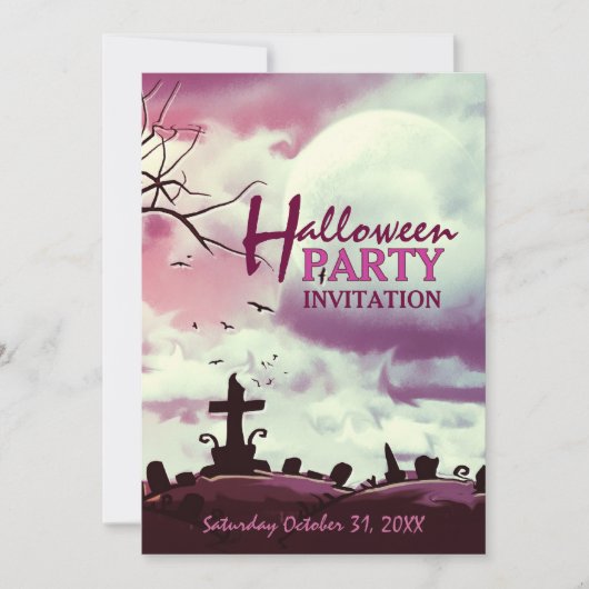 ピンクのハロウィン満月墓地招待状 招待状 (正面)