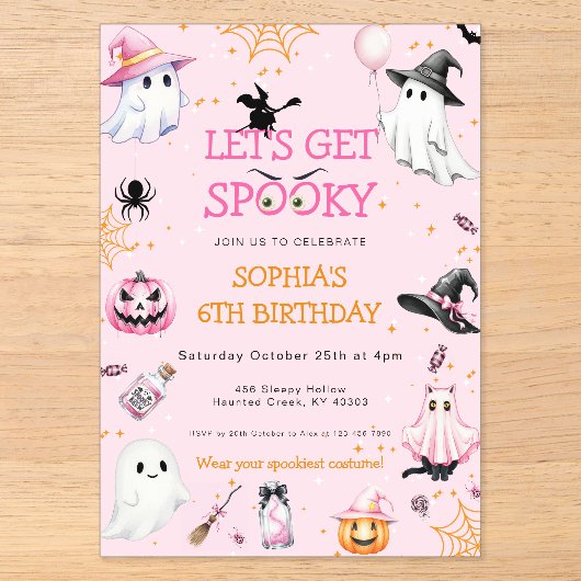 ピンクのハロウィン誕生日パーティー アクリル招待状 (正面)