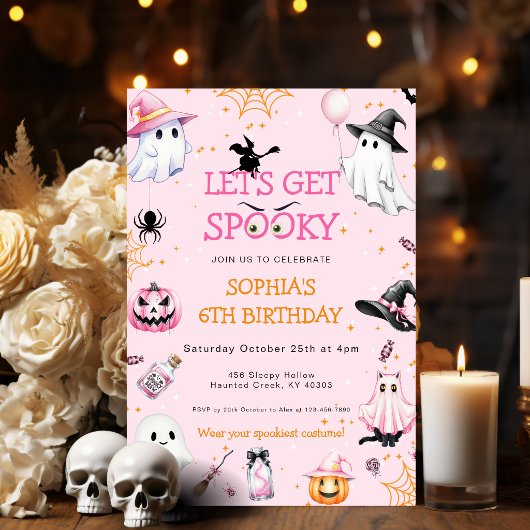 ピンクのハロウィン誕生日パーティー 招待状