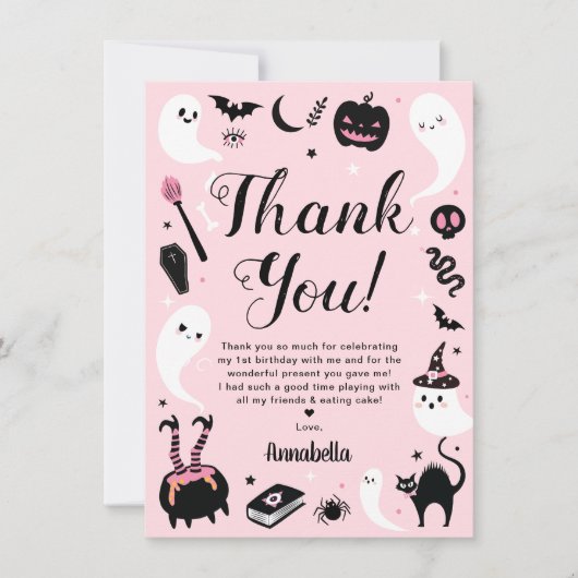 ピンクのハロウィン誕生日写真 サンキューカード (正面)