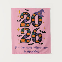 ピンクのハロウィン2026のかぼちゃと魔女の帽子 怖可愛い タペストリー