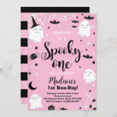 ピンクのハロウィン かわいいおばけ スプーキーワン 1歳の誕生日 招待状 (正面/裏面)