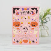 ピンクのハロウィン・スケルトン・パンプキン・ゴーストの誕生日グッズ 招待状 (スタンド正面)