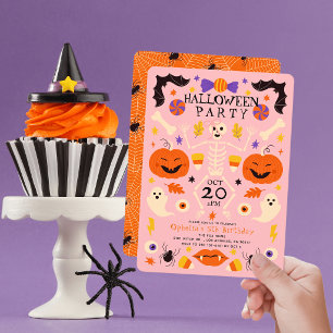 ピンクのハロウィン・スケルトン・パンプキン・ゴーストの誕生日グッズ 招待状