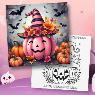 ピンクのハロウィン・パンプキン&ぬりえページ 名前入り カード