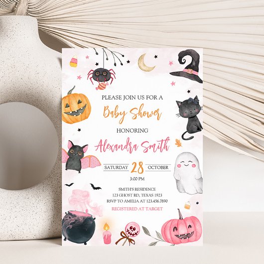 ピンクのハロウィン ベイビー シャワー 招待状