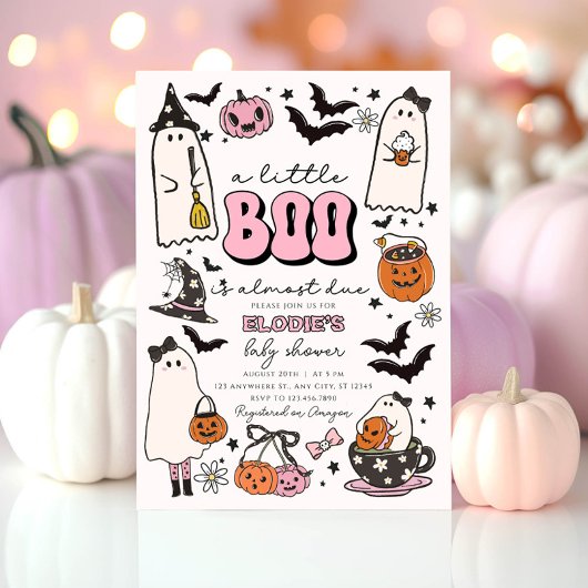 ピンクのハロウィン・ベビーシャワー招待状 "A Little Boo" 招待状