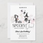 ピンクのハロウィン 誕生日1歳のスプーキーな1日 招待状 (正面)