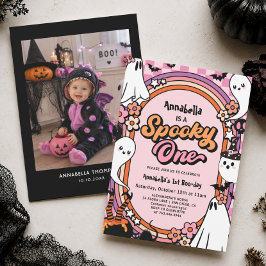 ピンクのハロウィーンおばけの1歳の誕生日パーティーの女の子 招待状