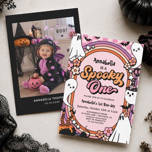 ピンクのハロウィーンおばけの1歳の誕生日パーティーの女の子 招待状