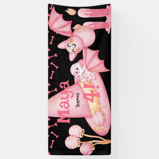 ピンクのハロウィーンかわいいウィッチハット誕生日 横断幕 (縦)