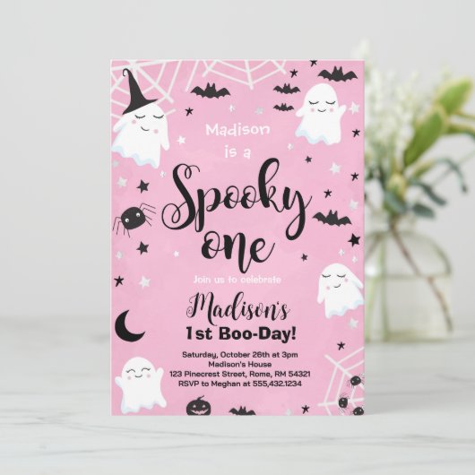 ピンクのハロウィーンかわいい不気味幽霊1歳の誕生日 招待状 (スタンド正面)
