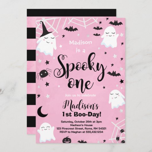 ピンクのハロウィーンかわいい不気味幽霊1歳の誕生日 招待状 (正面/裏面)
