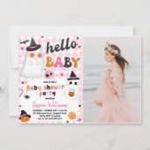 ピンクのハロウィーンかわいい幽霊赤ちゃんシャワー写真 招待状 (正面)