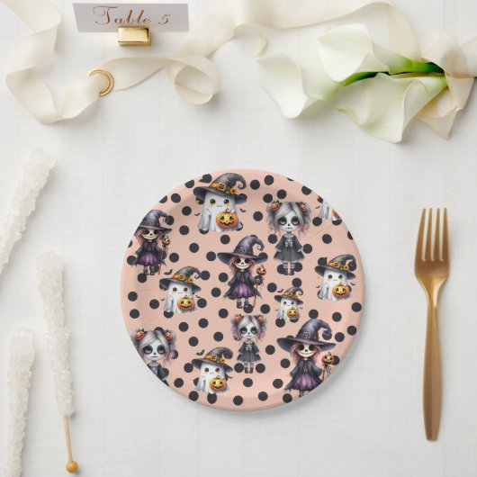 ピンクのハロウィーンかわいい ペーパープレート (ウェディング)