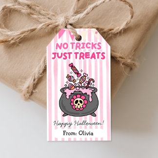 ピンクのハロウィーンのお菓子お礼タグ No Tricks Just Treats ギフトタグ